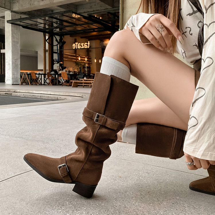 Women's Retro Cowhide Leather Belt-Clasp Chunky-Heel Western Cowboy Boots photo 2