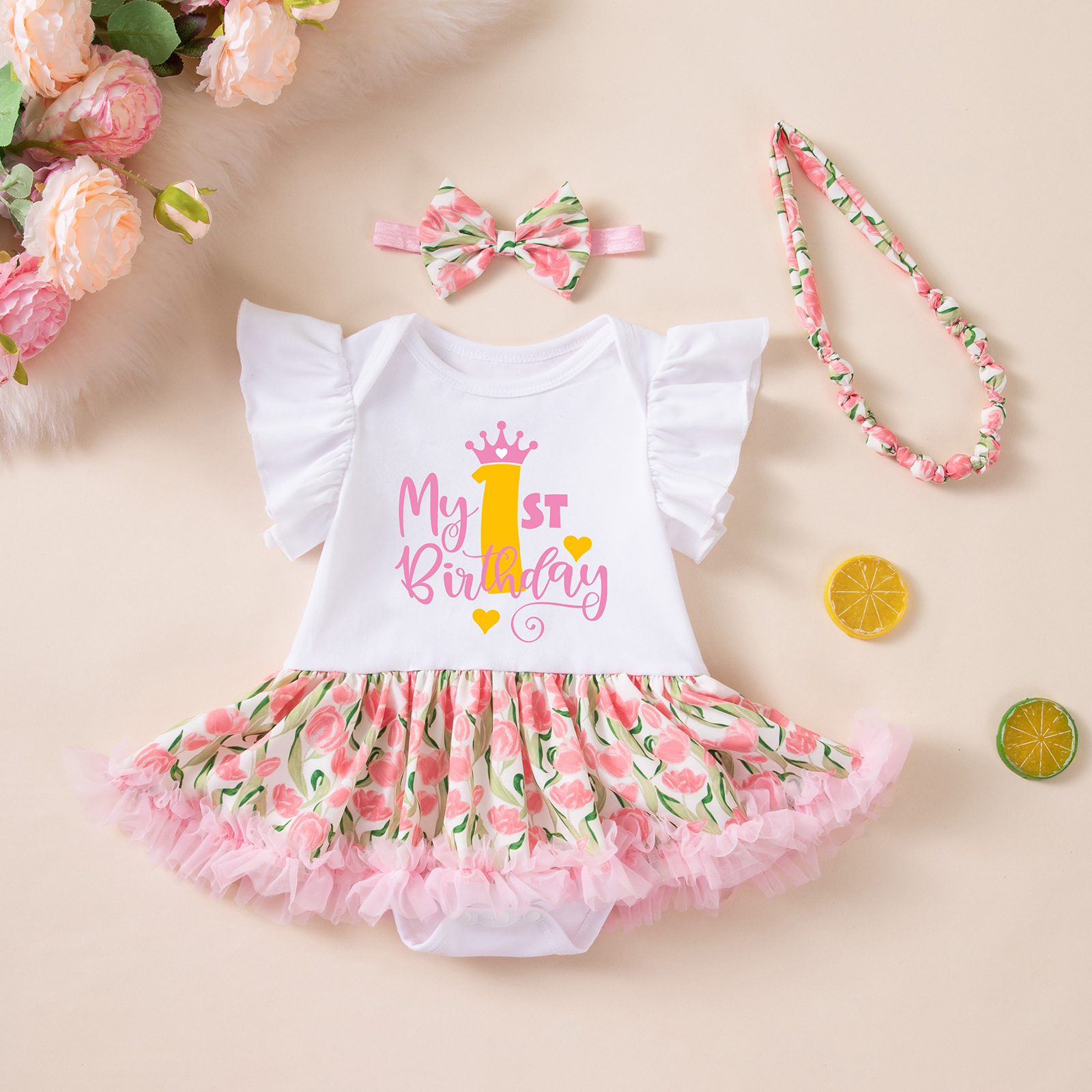 Birthday Outfit Flutter-Sleeve Romper Crawling Suit PP Pants And Bow Headband Set photo 4