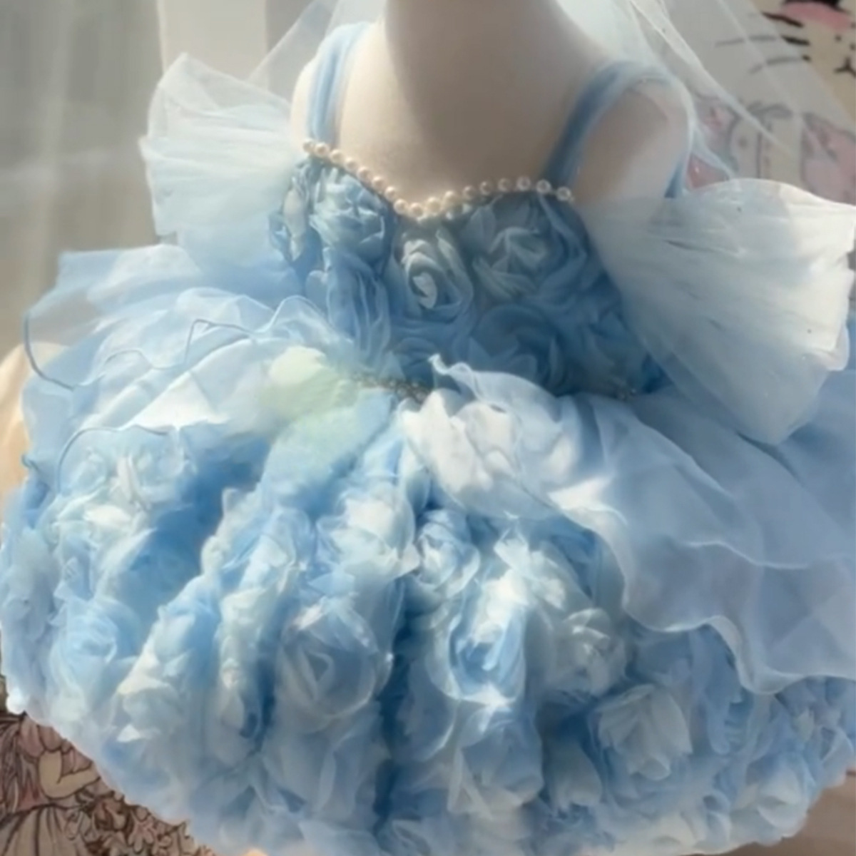 Blue Three-dimensional Floral Birthday Dress For Little Girls Performances photo 3