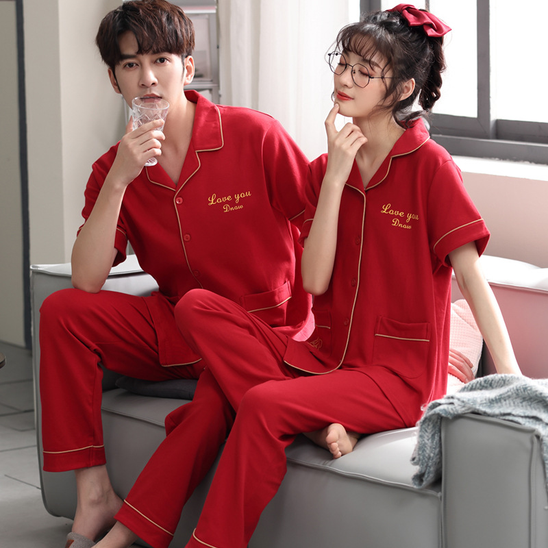 Couple Pajamas Men's Cotton Red Animal Year Trousers Short Sleeve Home Clothes Set photo 1