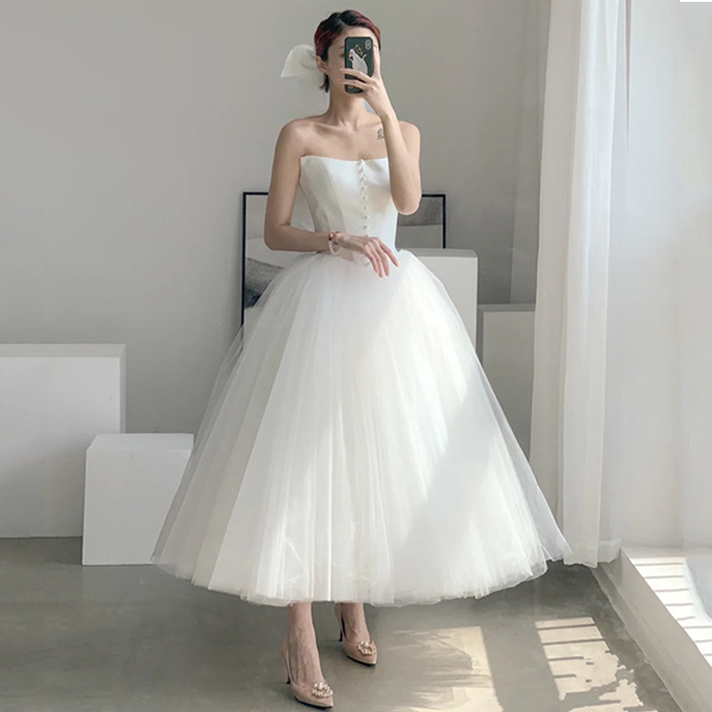 French-style Off-shoulder Light Wedding Dress Midi Length photo 2
