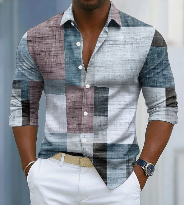 Men's Geometric Color-Block Plaid Pattern Shirt photo 6