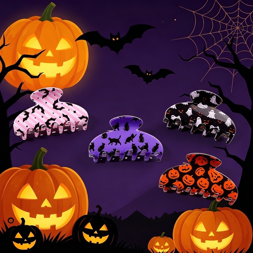 Halloween Shark Claw Clip - Ghost Pumpkin Black Cat Print Hair Accessory for Women Girls Party Cosplay photo 6