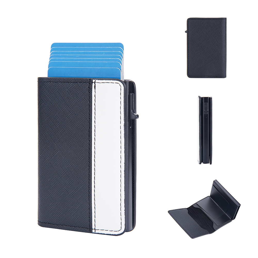 Leather Patchwork Color-block Side-push Anti-magnetic Anti-theft Card Holder photo 2