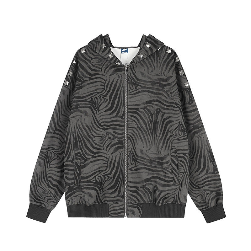 American-style Vintage Zebra-print Hooded Sweatshirt With Studs photo 2