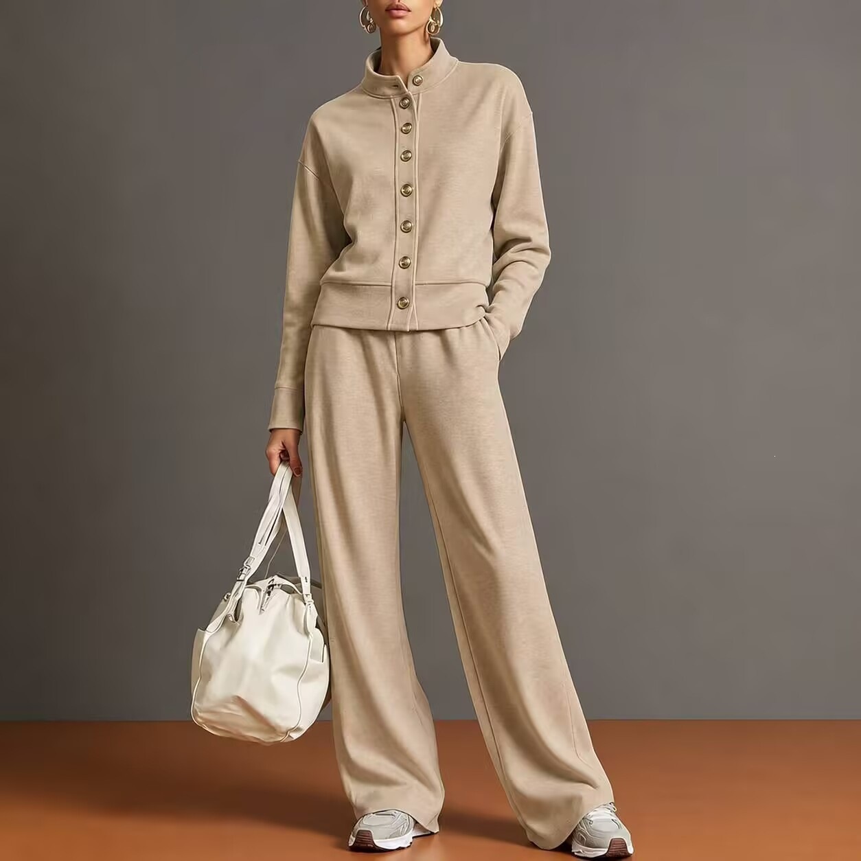 Stand-collar Cardigan And Wide-leg Pants Set photo 5