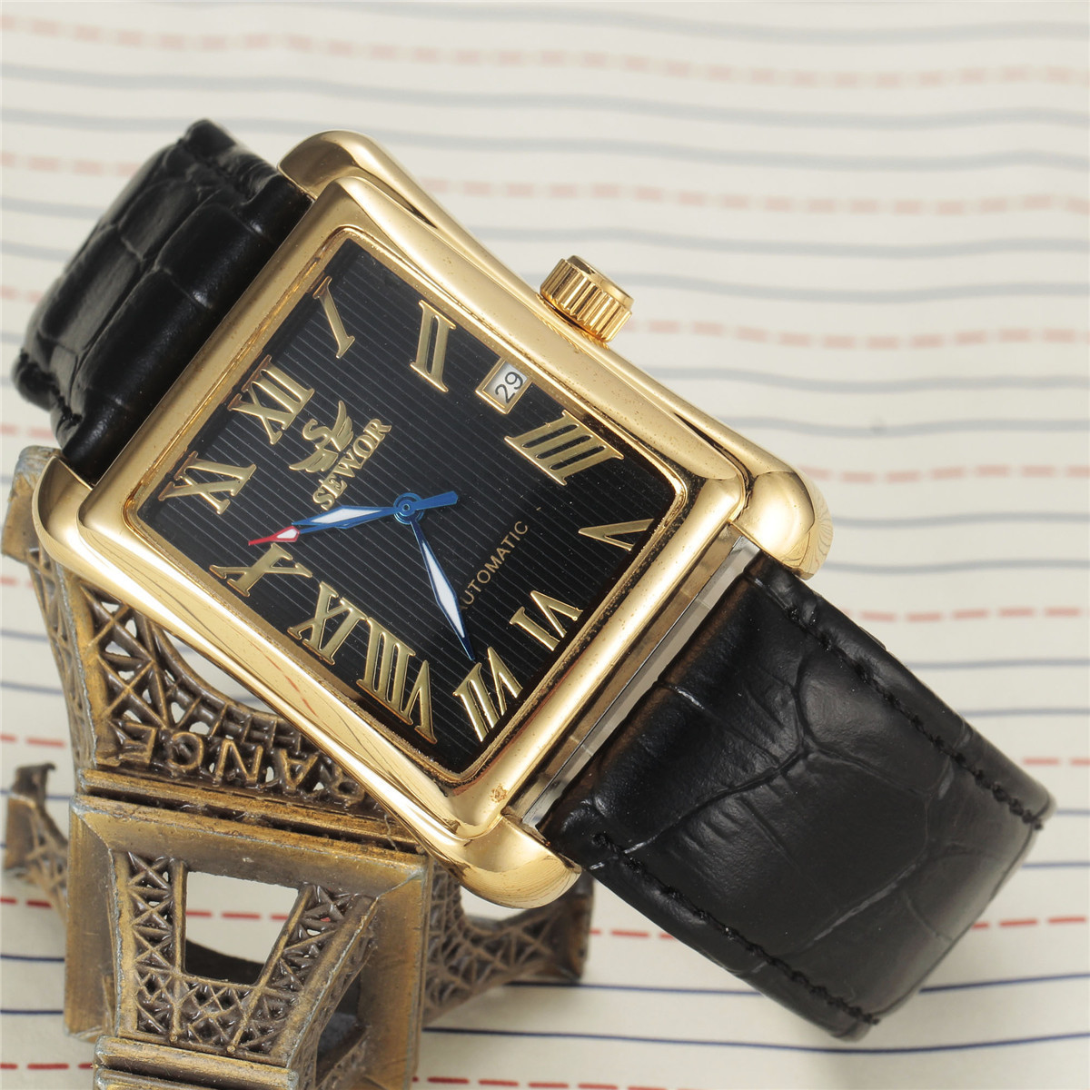 Mens Automatic Mechanical Square-case Leather-strapped Mens Watch Calendar Wristwatch photo 3