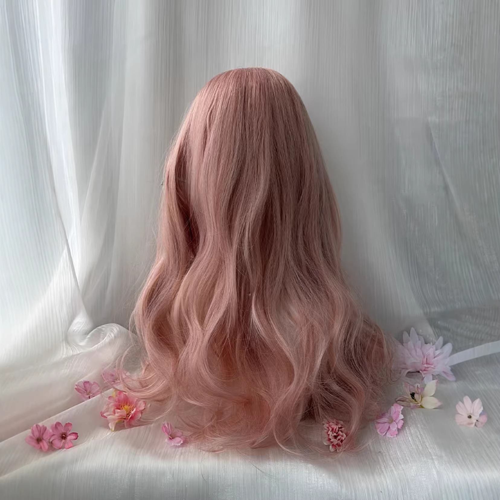 Womens Pink-gold Long Curly Wig With Wispy Bangs And Big Waves photo 6