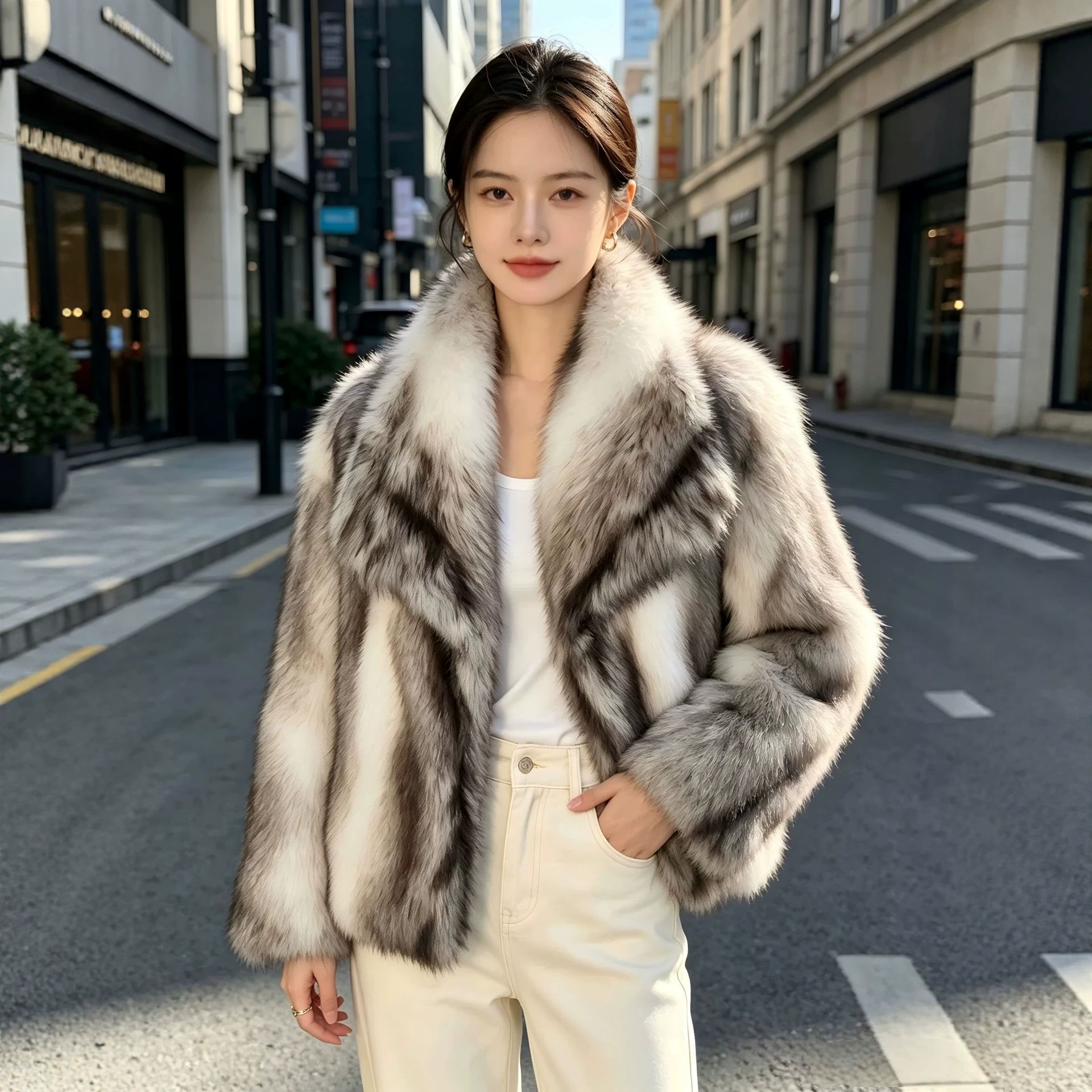 Women's Large Lapel Color-block Plush Jacket photo 1
