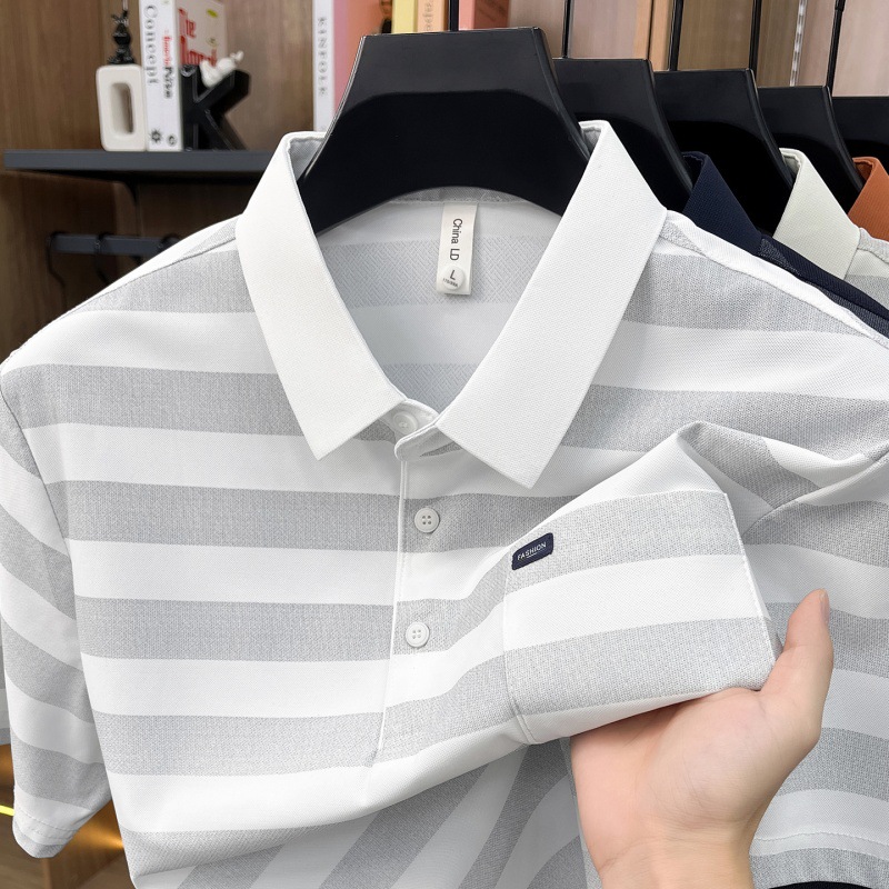 Men's Youth Striped Lapel Pocket Fashion Short Sleeve T-shirt photo 6