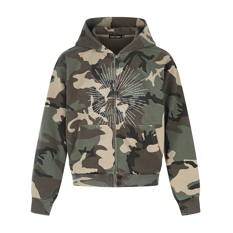 American-style Vintage Camouflage-print Zip-up Cropped Hoodie photo 3