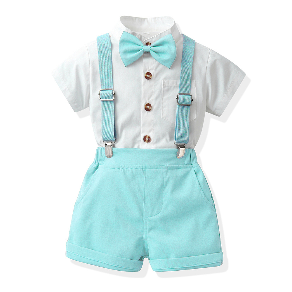 Boys Candy-Colored Stand-Neck Short-Sleeve Suspender Pants Set photo 4