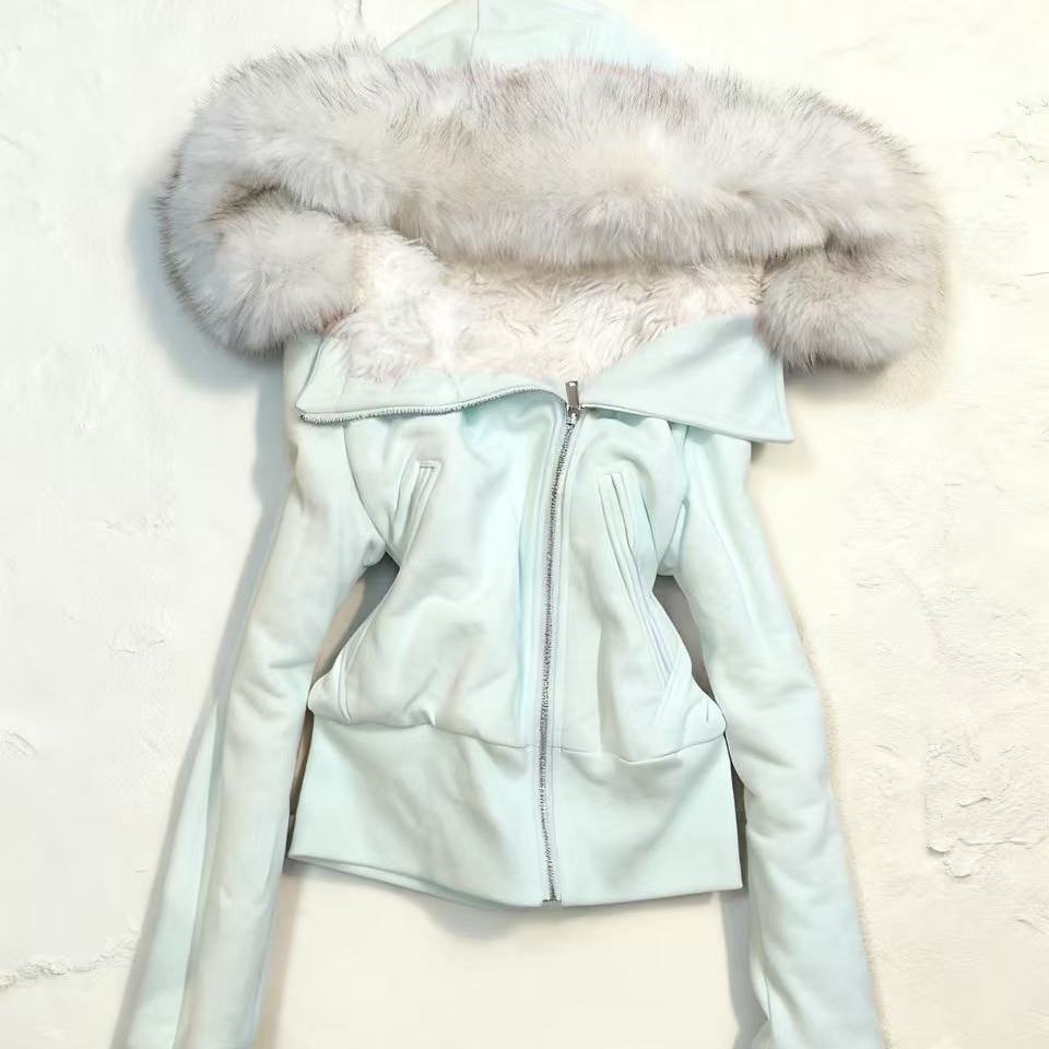 Two-tone Plush-lined Hooded Zip-up Slim-fit Coat With A Fur Collar photo 3