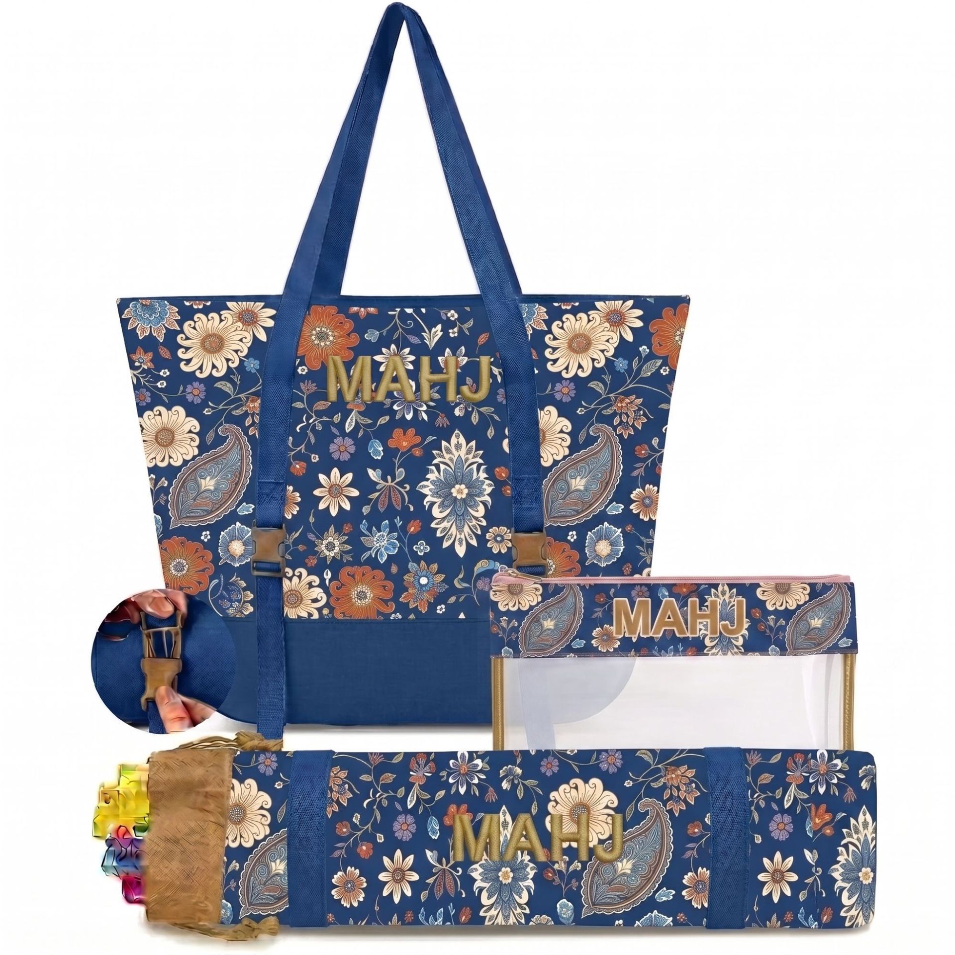 Retro Paisley Floral Embroidered Mahjong Storage Three-Piece Makeup Bag Set photo 3