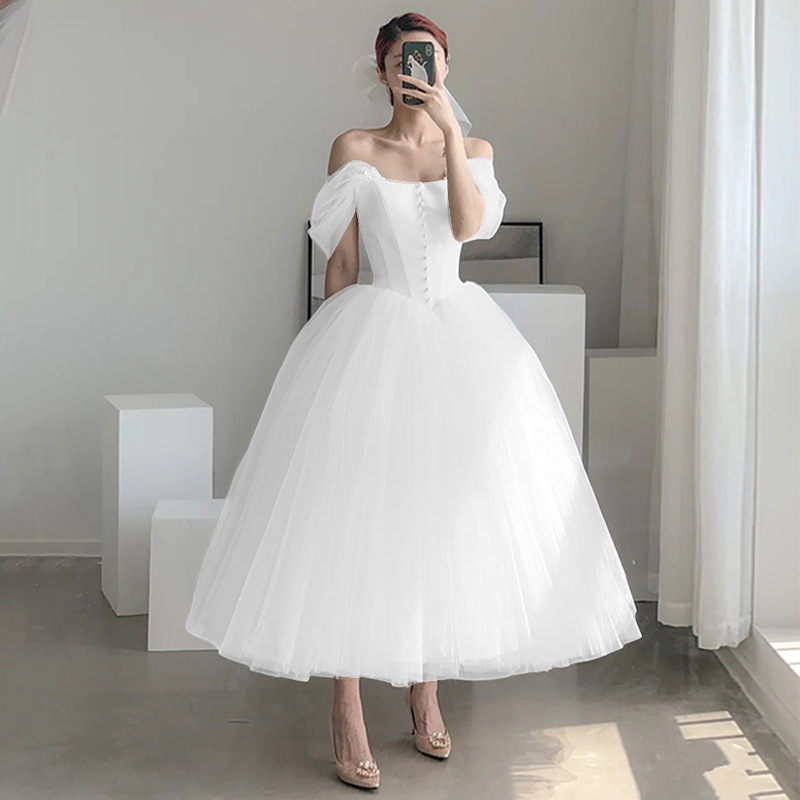 French-style Off-shoulder Light Wedding Dress Midi Length photo 5