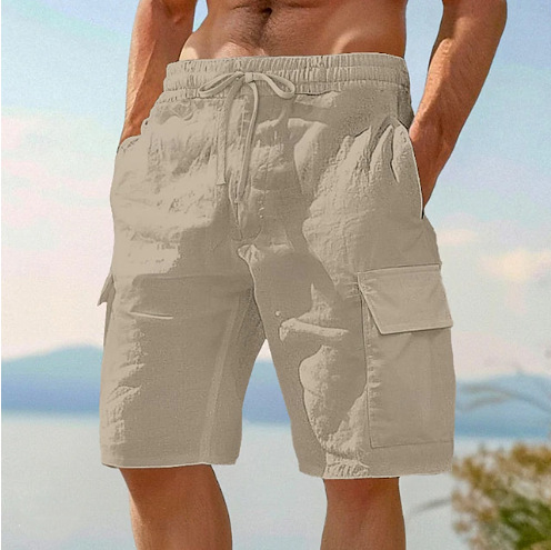 Beach Shorts With Elastic Waist Drawstring Multiple Pockets Solid Color photo 6