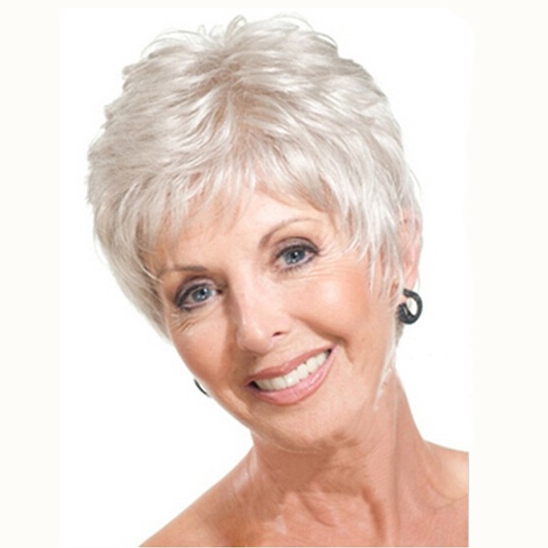 Stylish And Elegant White Short Straight Wig Moms Wig photo 2