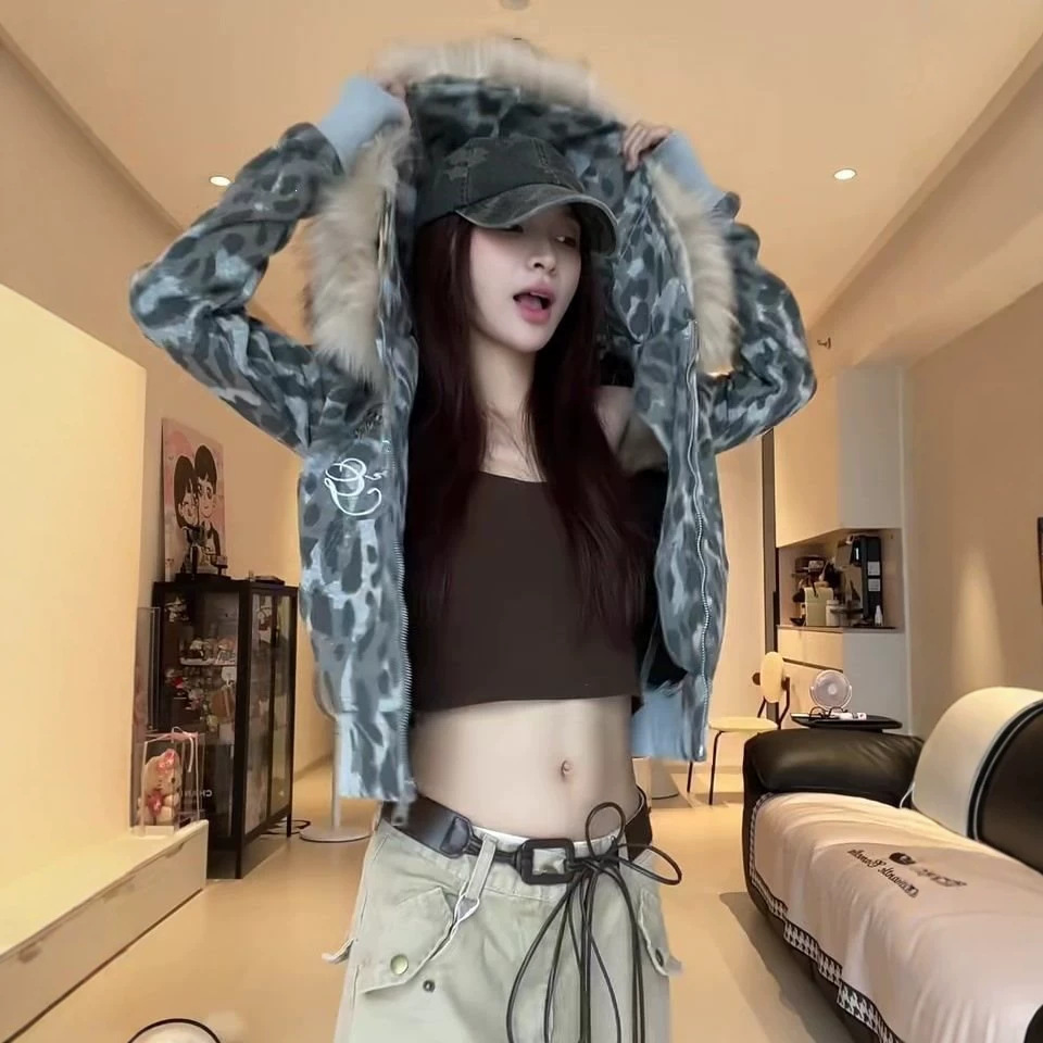 Vintage Leopard-print Fur-collar Patchwork Hooded Sweatshirt Jacket photo 1