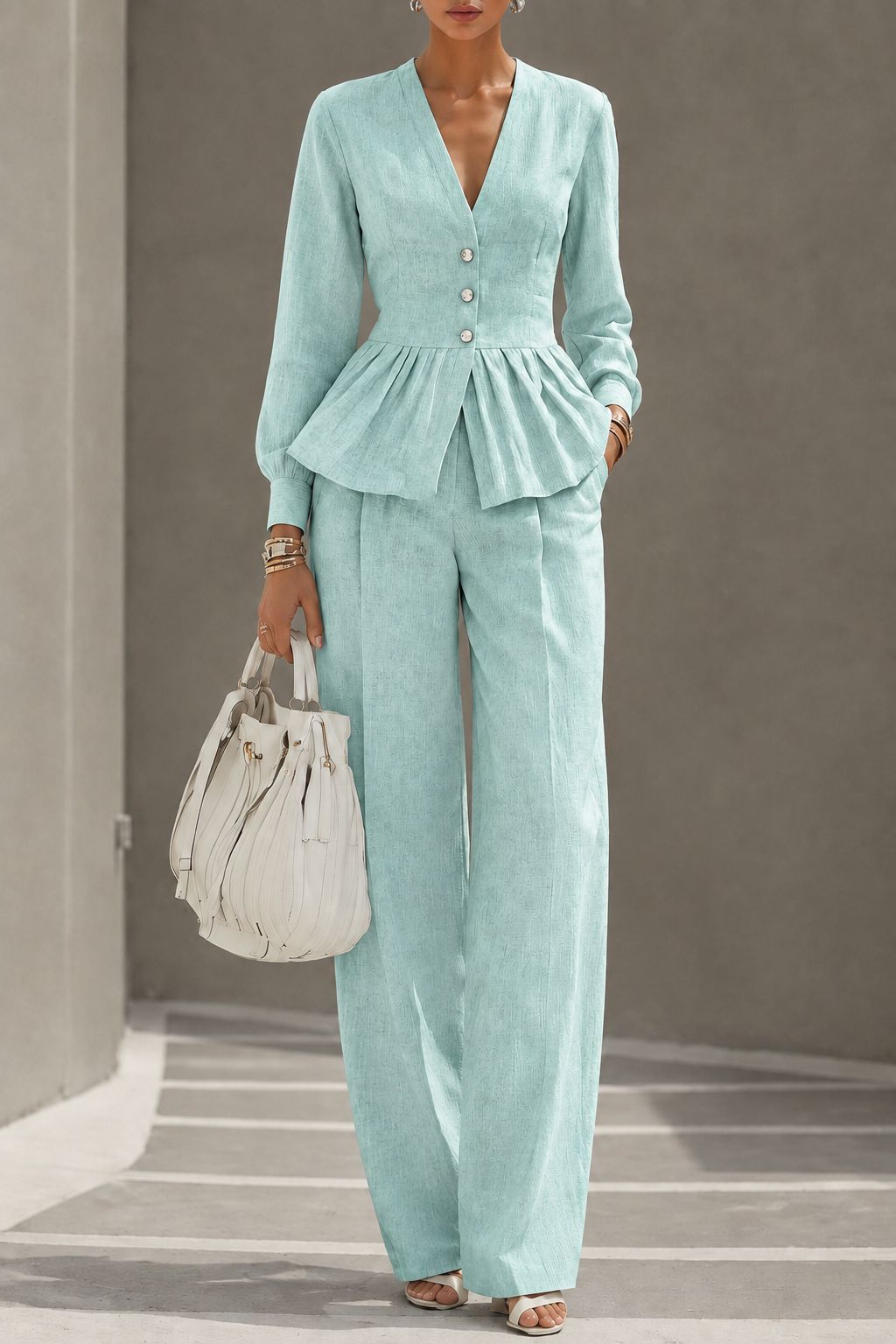 Long-sleeve V-neck Top And Wide-leg Pants Two-piece Set photo 4