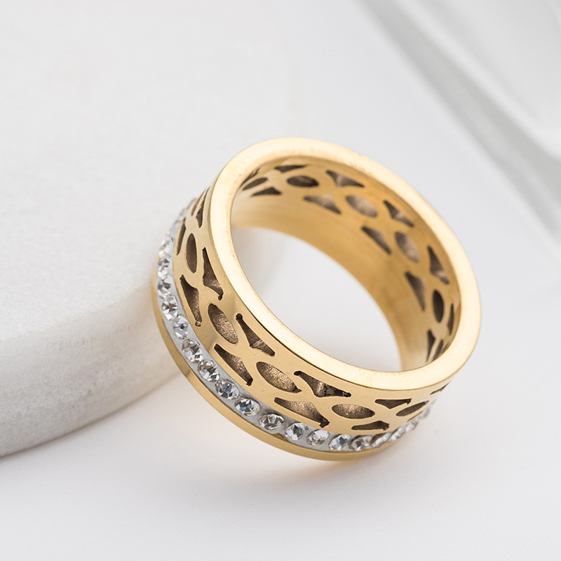 Fashionable Hollowed-out Diamond-studded Titanium Steel Ring photo 2