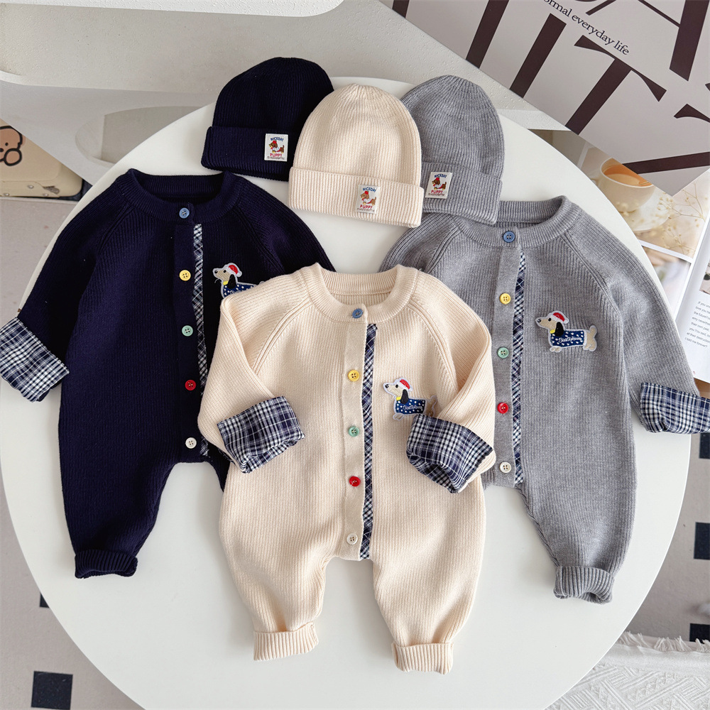 Trendy Knitted Wool Romper Two-piece Set Dachshund-themed Onesie photo 1