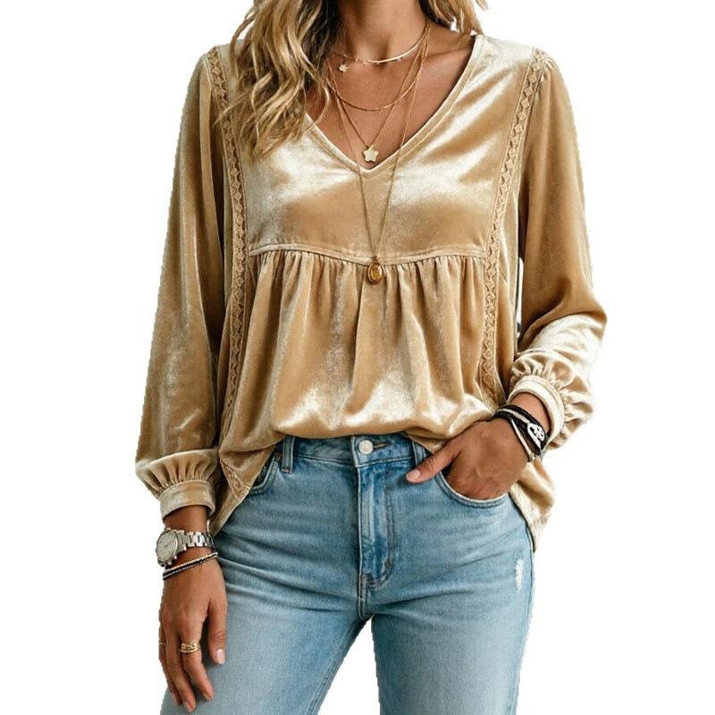V-neck Lace Velvet Casual Loose-fitting Long-sleeve Top photo 8