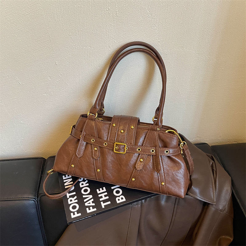 Womens Shoulder Bag With A Locomotive-style Belt Rivets And Metal Buckle photo 6