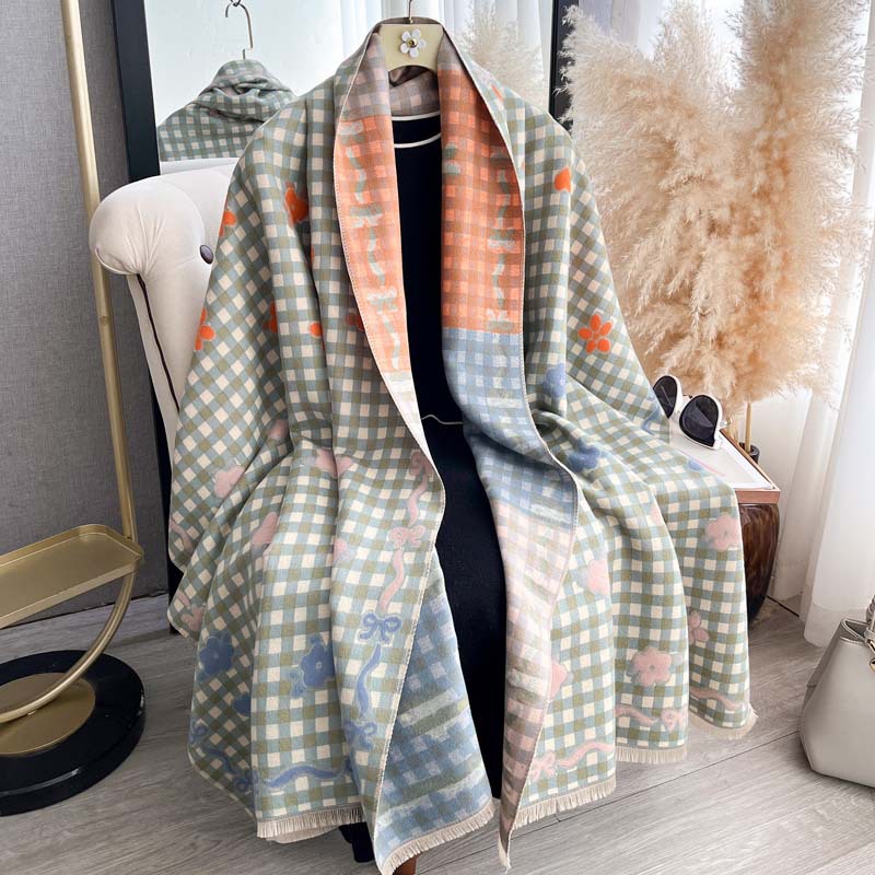 Women's Double-Sided Jacquard Bow-Knot AutumnWinter Floral ShawlScarf photo 8