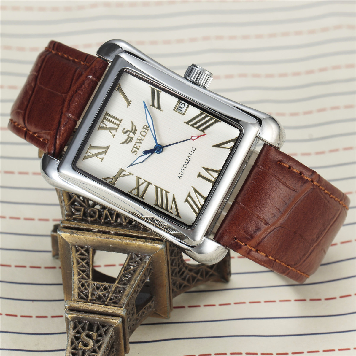 Mens Automatic Mechanical Square-case Leather-strapped Mens Watch Calendar Wristwatch photo 5