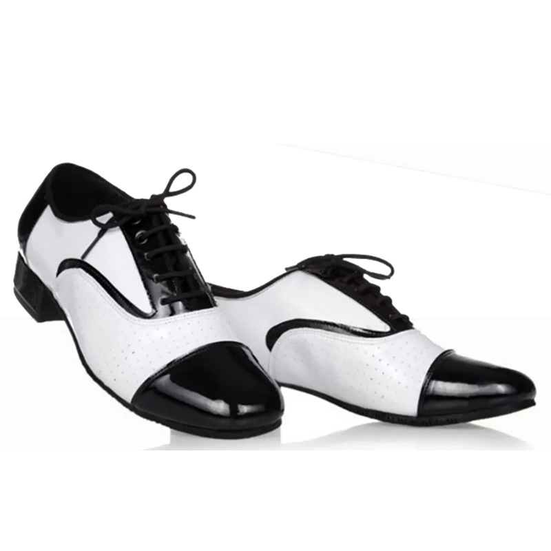 Latin Dance Shoes Men's Leather Black And White International Dancing Shoes photo 2