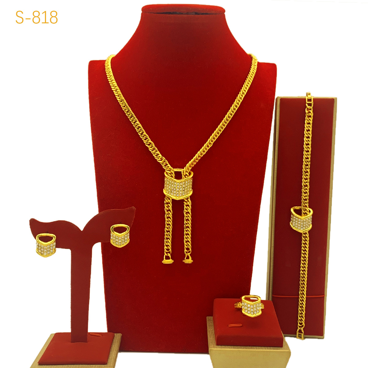 Best-selling Dubai Bride 24k Gold-plated Necklace Bracelet Earring Ring Four-piece Set photo 3