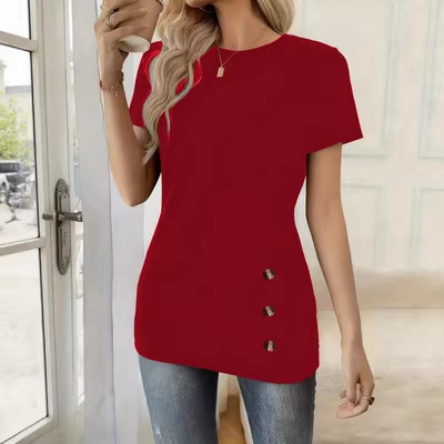 Round-neck Short-sleeve Top With Faux Button Detailingelegant And Versatile photo 5
