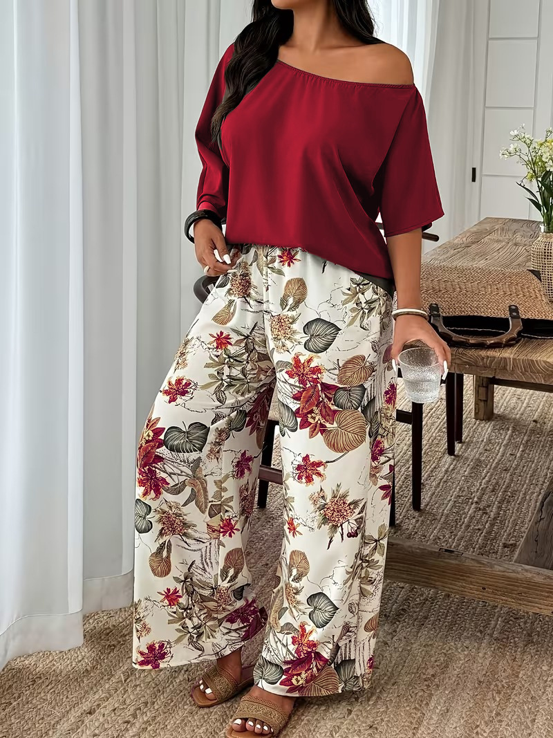 Casual Womens Set Featuring Plant And Floral Print Wide-leg Pants photo 7