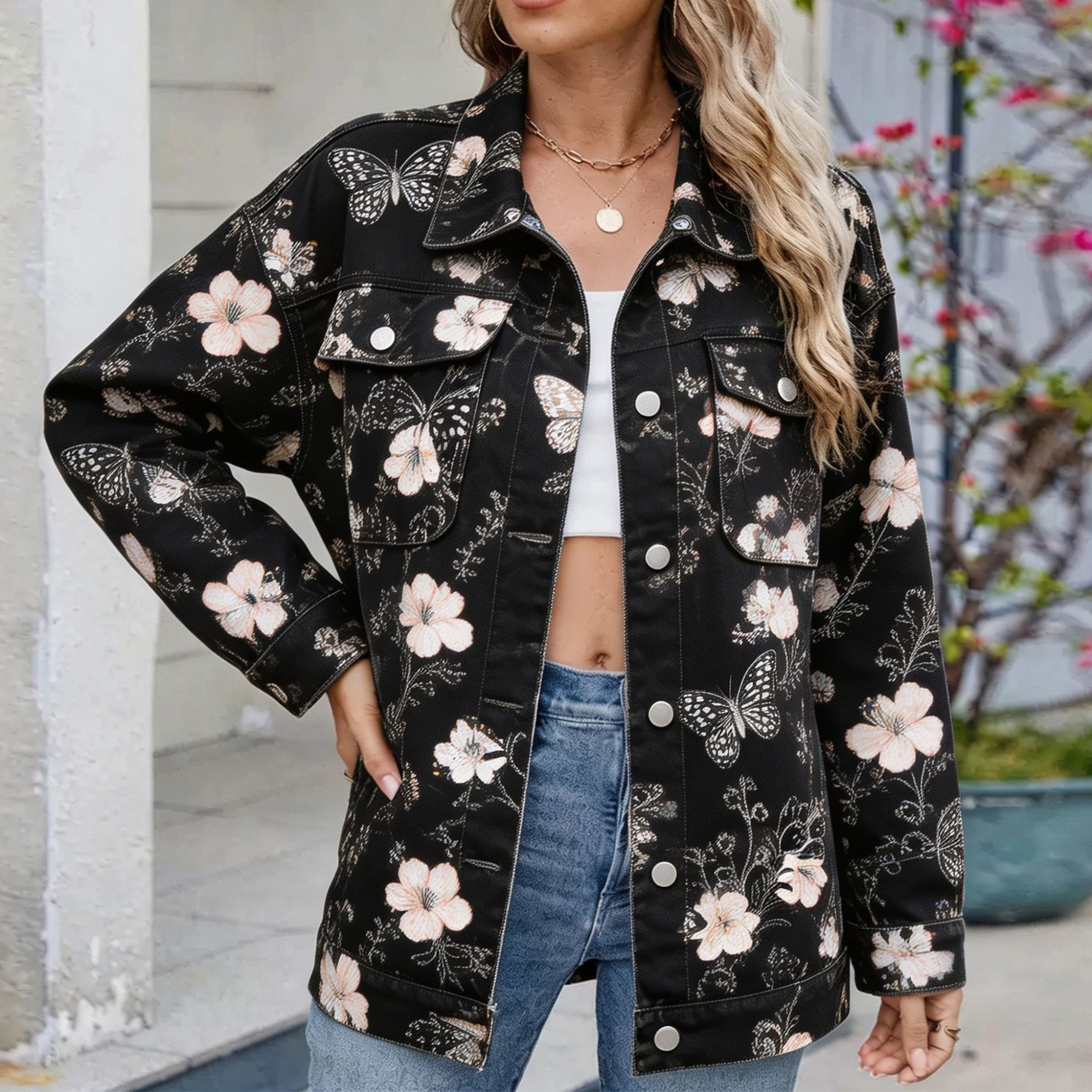 Women's Denim Jacket With All-Over Plant Print photo 4