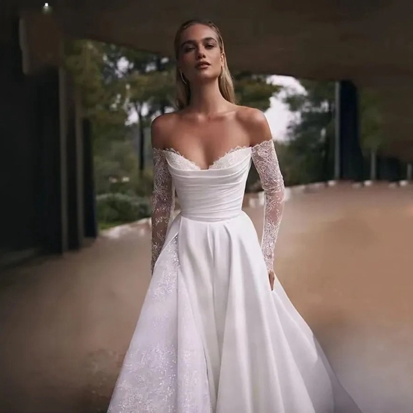 Long Sleeve Off Shoulder Wedding Dress Elegant Train Bridal Gown For Ceremony Reception photo 1
