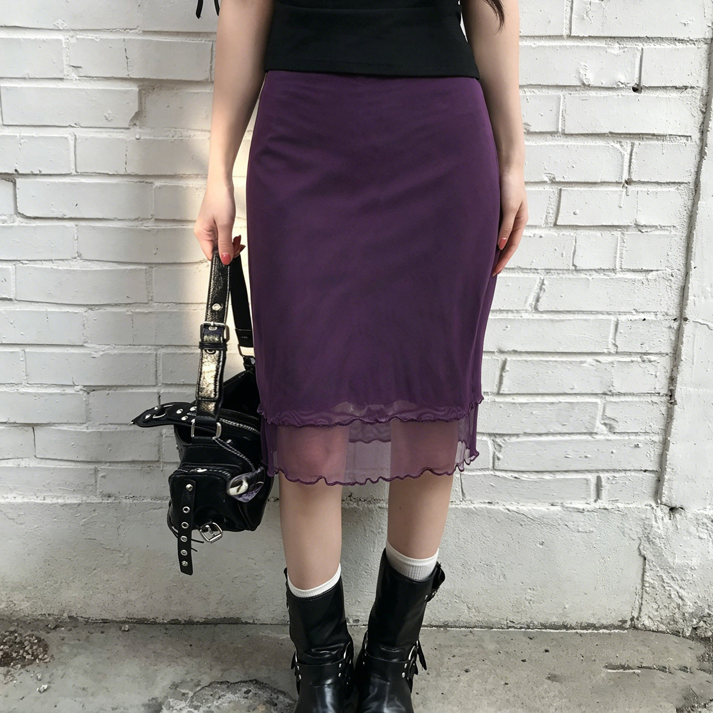 Vintage Purple Mesh-Patchwork Low-Waist Skirt For Women photo 1