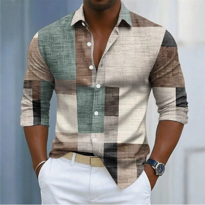 Men's Geometric Color-Block Plaid Pattern Shirt photo 2