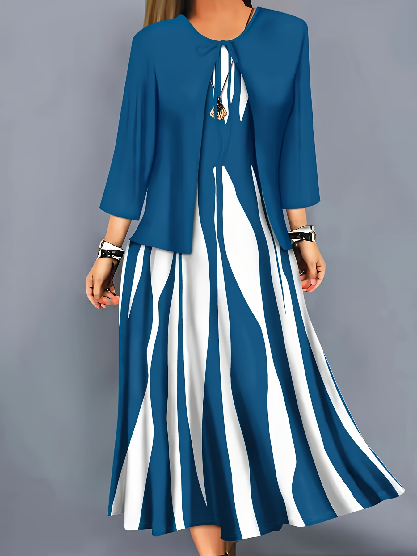 Seven-quarter-sleeve Dress With Shawl Vintage-style Elegant Set photo 2