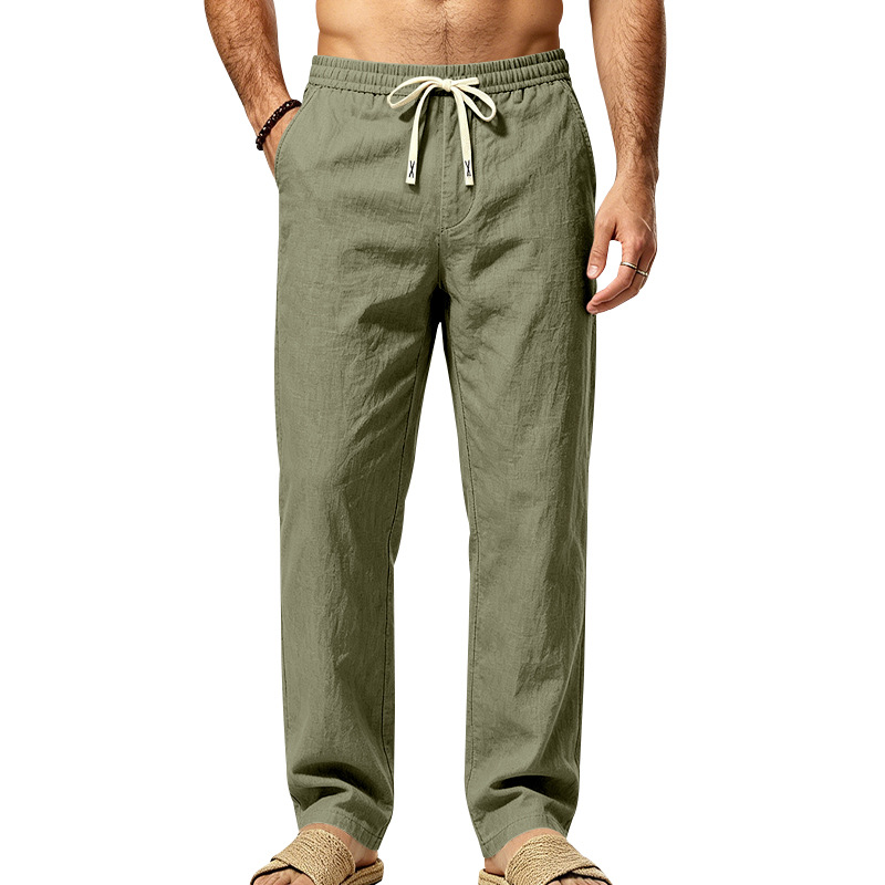 Mens Straight Leg Solid Color Casual Linen Pants With Drawstring And Elastic Waist photo 4