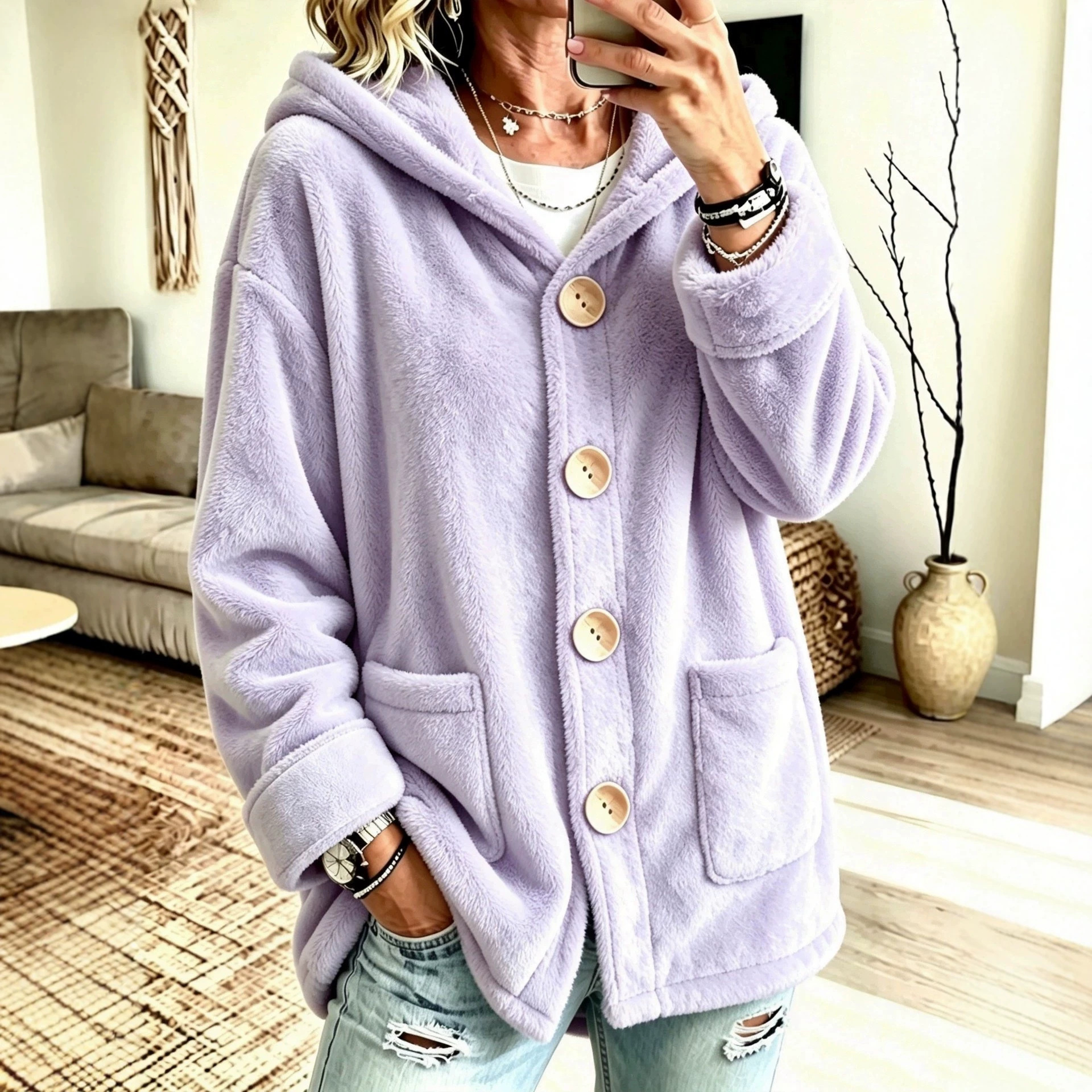 Hooded Velvet Outerwear Loose-fitting Cardigan Top photo 1