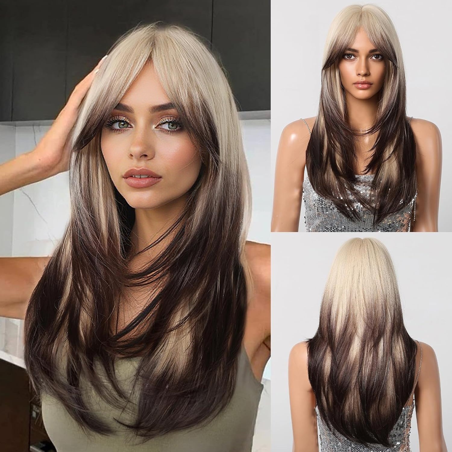 Womens Figure-8 Bangs Black-to-gray Ombre Long Straight Synthetic Hair photo 1
