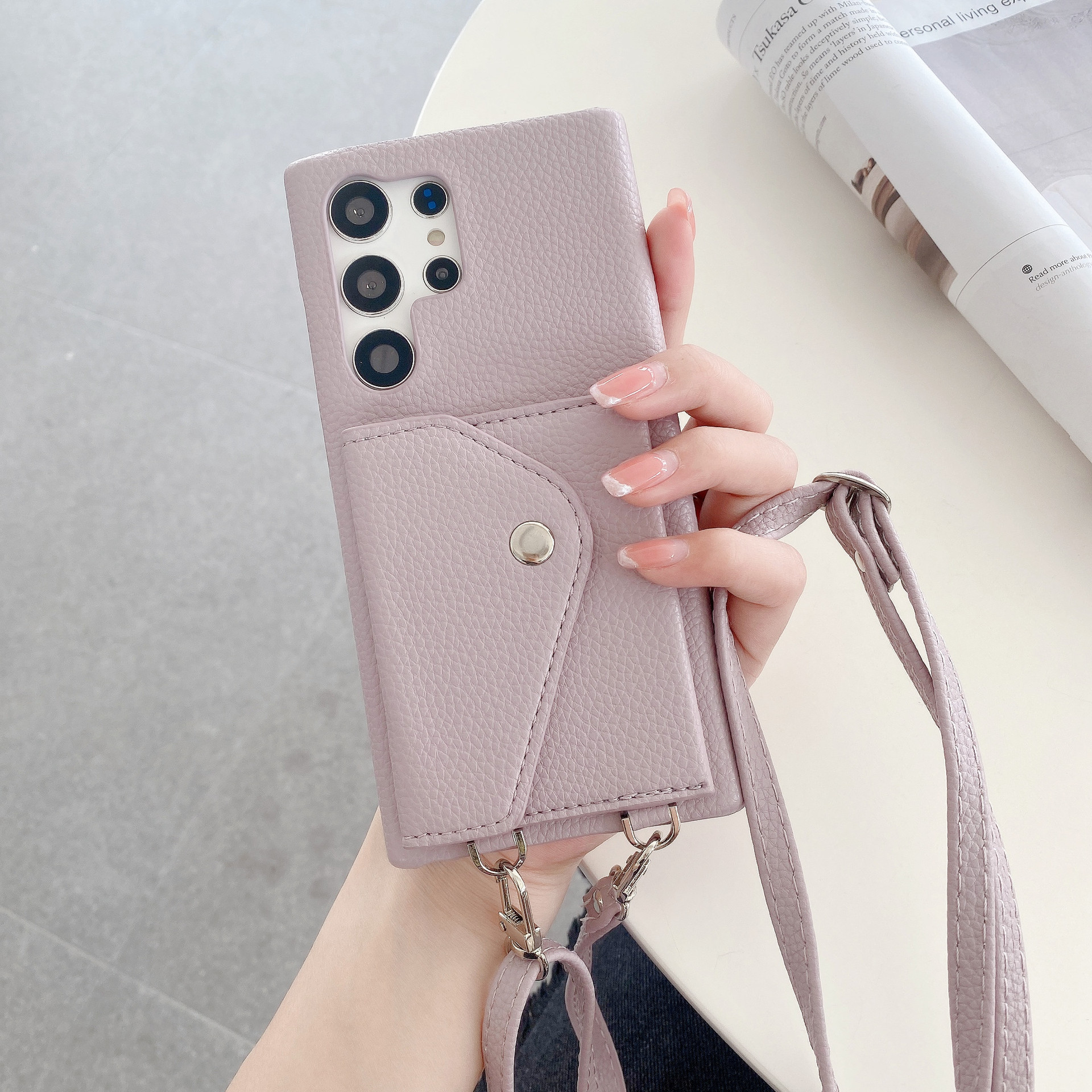 Litchi-textured Triangular Flip Card Holder With Lanyard For S24 Ultra photo 5