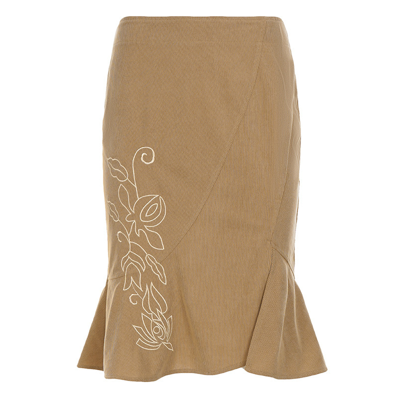 Retro Embroidered Skirt With Ruffled Hem, Bodycon Midi Length photo 3