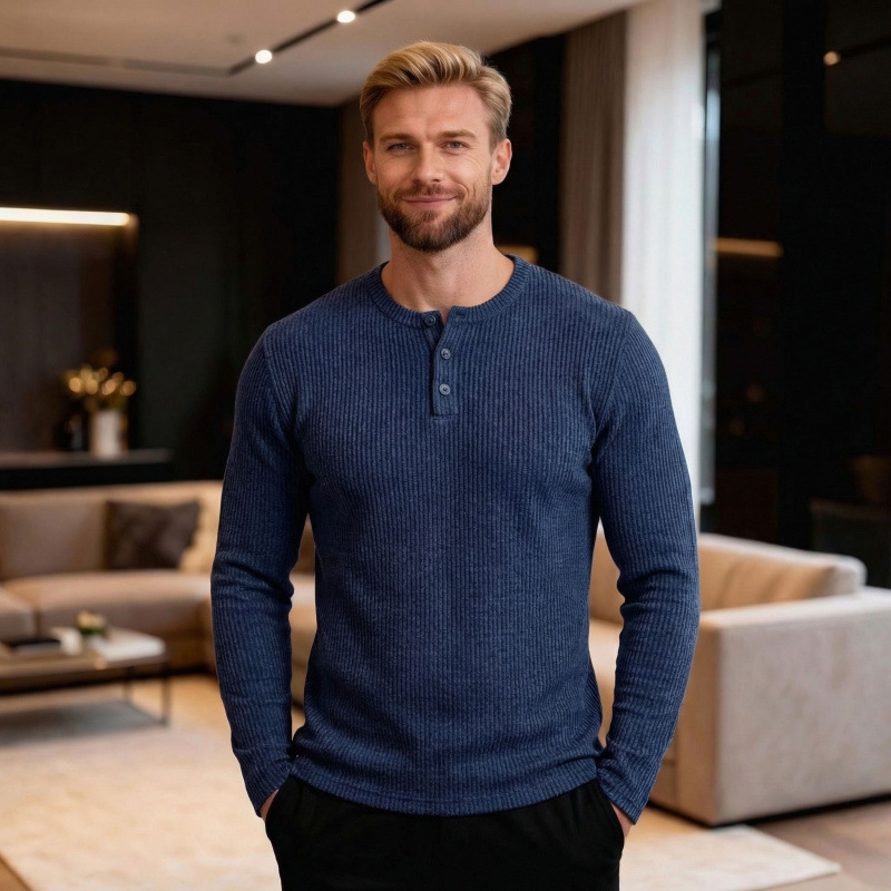 Three-dimensional Mens Long-sleeve Henley T-shirt photo 1
