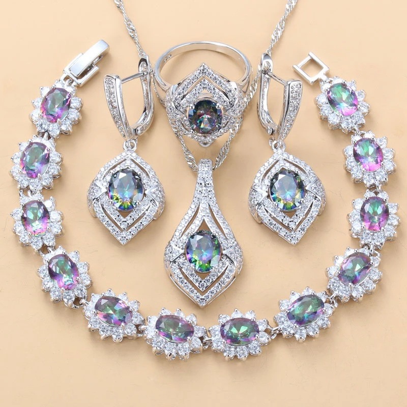 Inlaid Gemstone Pendant Earrings Necklace And Ring For Women 4 PCs Set photo 2