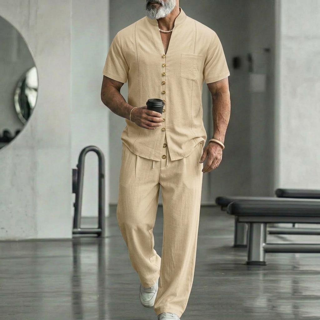 Mens Lapel Short-Sleeve Shirt And Pants Suit photo 5