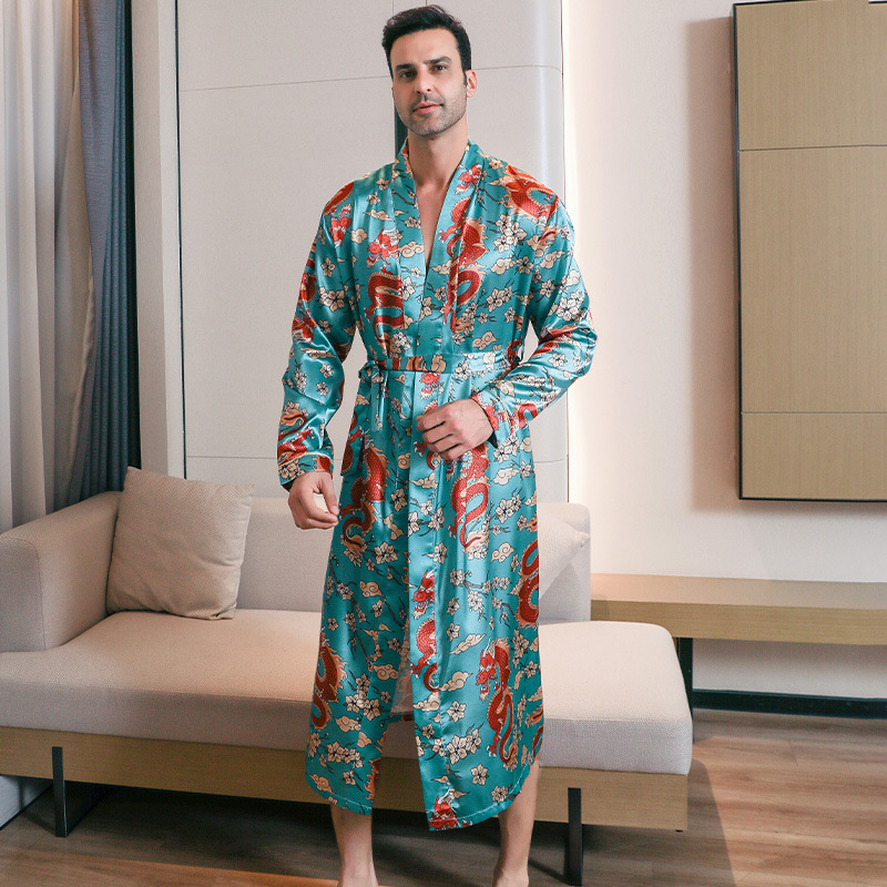 Summer Ice-silk Long-style Wearable Ice-silk Youth Long-sleeve Loungewear Mens Nightgown Thin Style photo 1