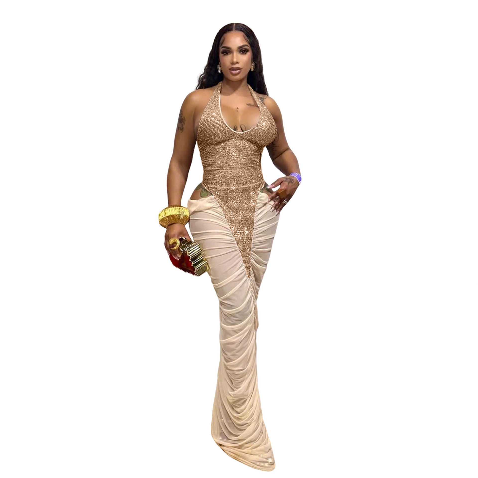 High-slit Mesh Panel Sequin Halter Gown photo 3