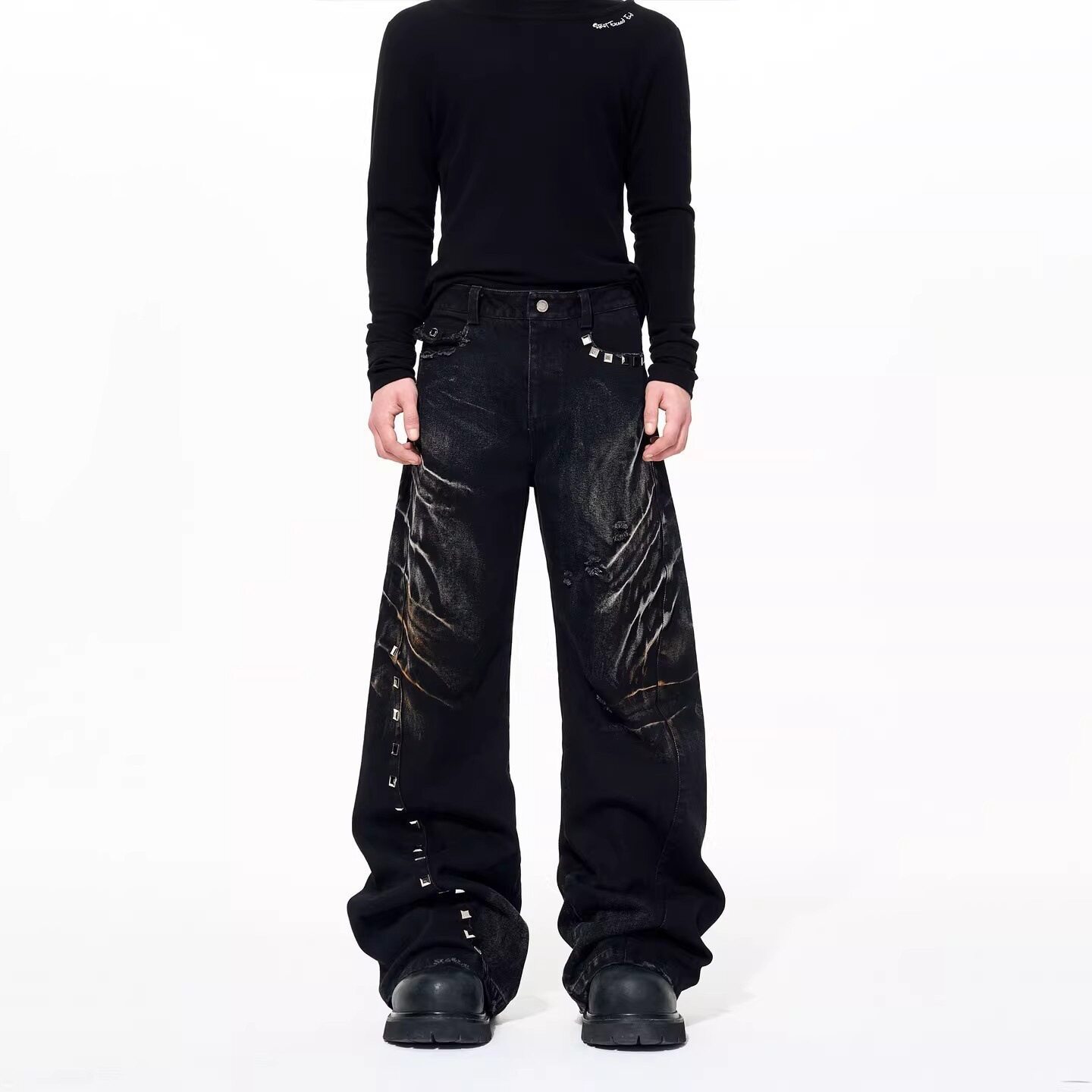 High-end Design Washed And Distressed Vintage-style Loose Wide-leg Pants photo 1