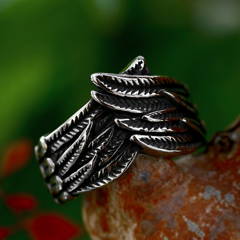 Retro Personality Feather Titanium Steel Ring photo 5